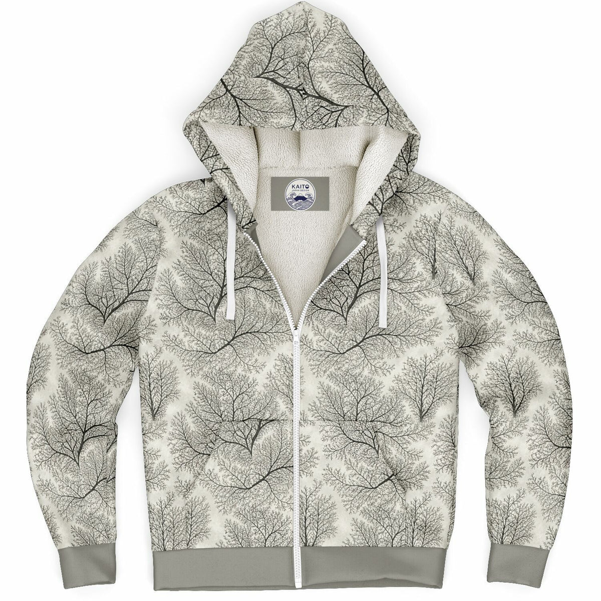 A zip-up hoodie featuring an all-over black line-art tree pattern on a warm off-white background, with a solid gray ribbed hem, cuffs, and drawstrings, and a light beige fleece lining.