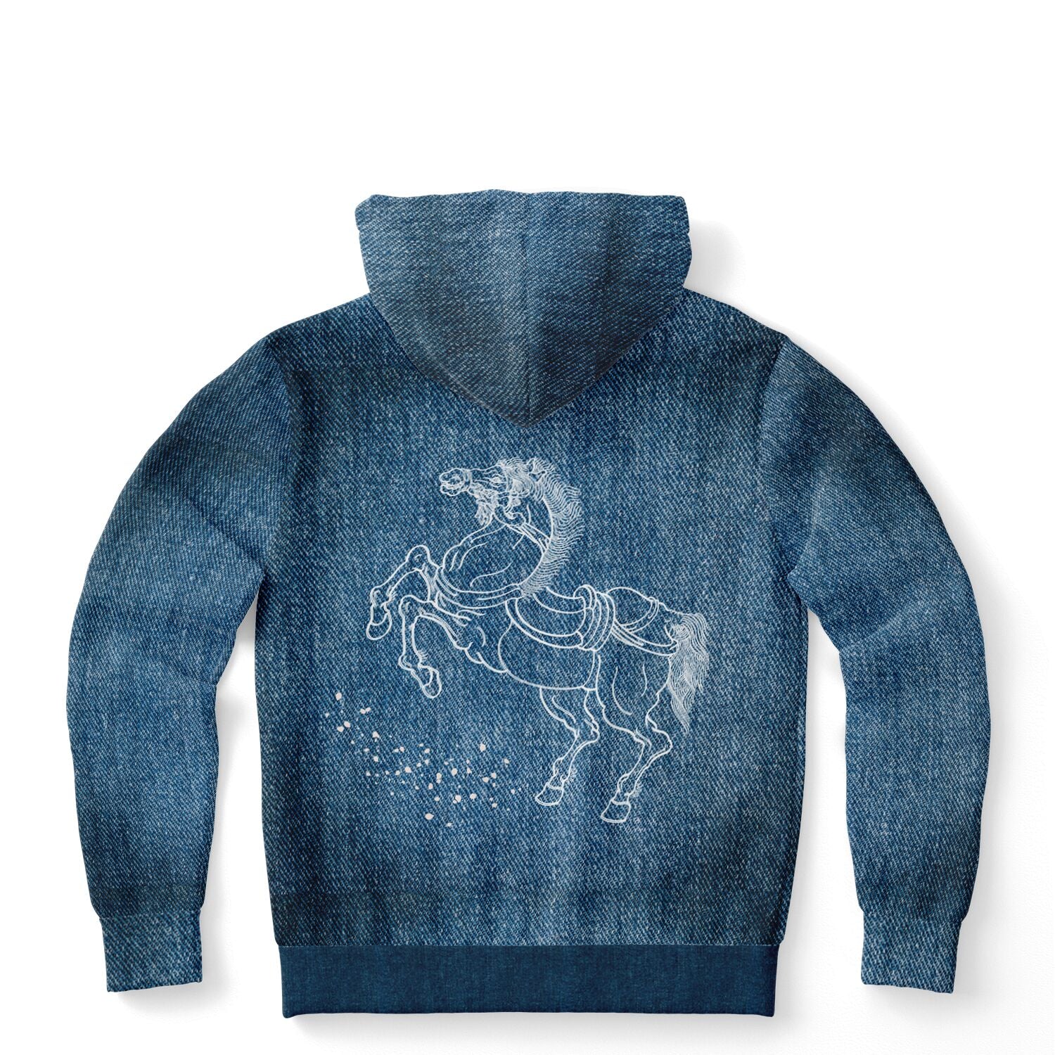 Blue hoodie with a white horse design on the back against a white background