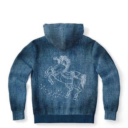 Blue hoodie with a white horse design on the back against a white background
