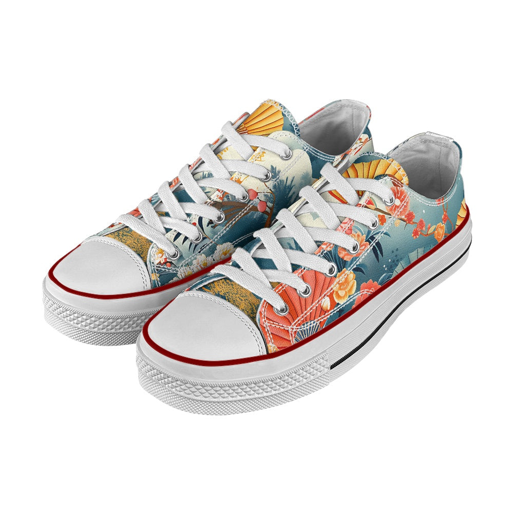Colorful floral sneakers with white laces on a white background