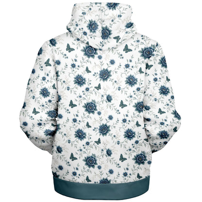 A white hooded sweatshirt with an all-over blue floral and butterfly pattern, shown from the back against a plain white background.