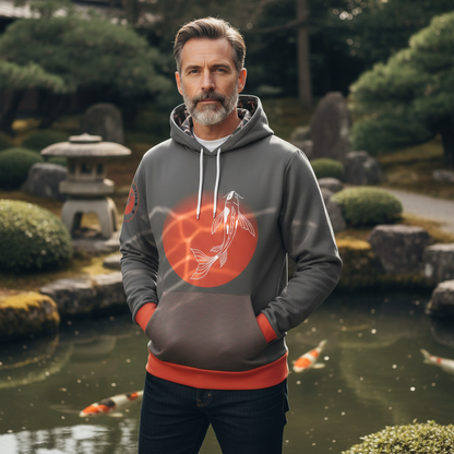 Man wearing a hoodie with a koi fish design in a garden setting