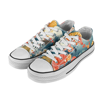 Colorful floral sneakers with white laces on a white background