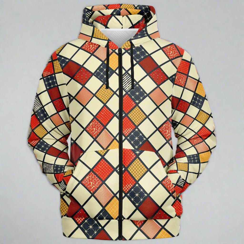 A high-quality black zip-up fashion hoodie featuring a white geometric Hishi diamond pattern, creating a modern quilted textile aesthetic inspired by traditional Japanese motifs.