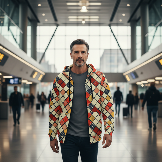 Man wearing a colorful checkered jacket in a modern indoor setting