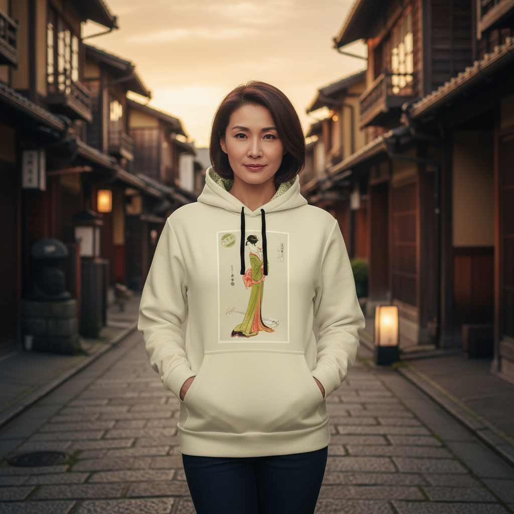 Woman wearing a hoodie with a traditional design in a Japanese street setting