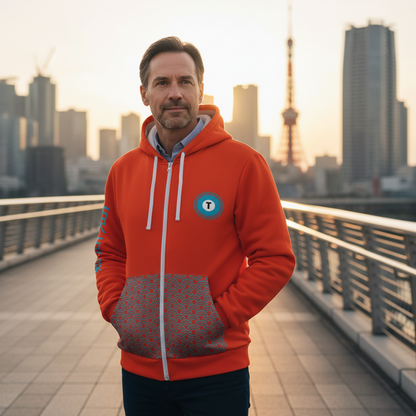A sophisticated man in his early 50s is standing on a modern bridge overlooking the Tokyo skyline at sunrise. He is wearing the Tozai Line Zip-Up Hoodie.