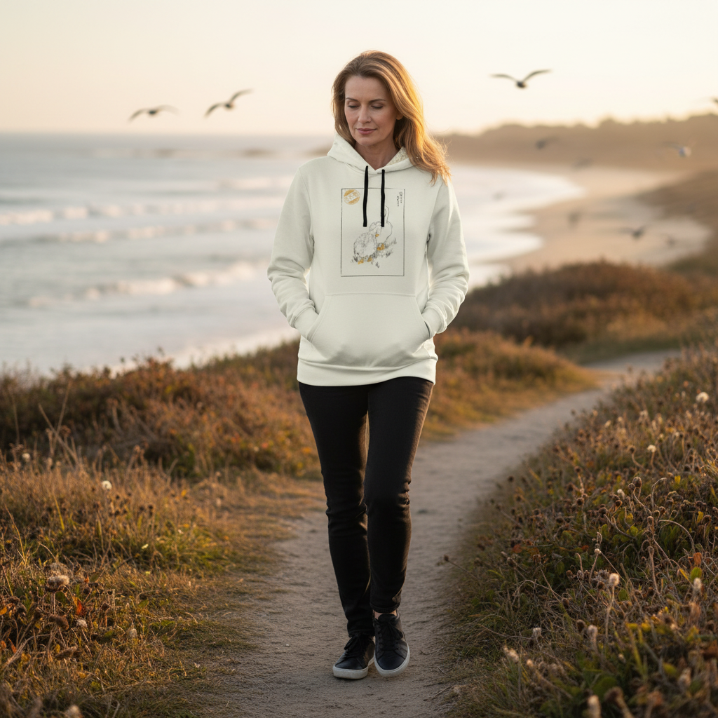 Woman walking on a path by the beach wearing a light-colored hoodie with a design.