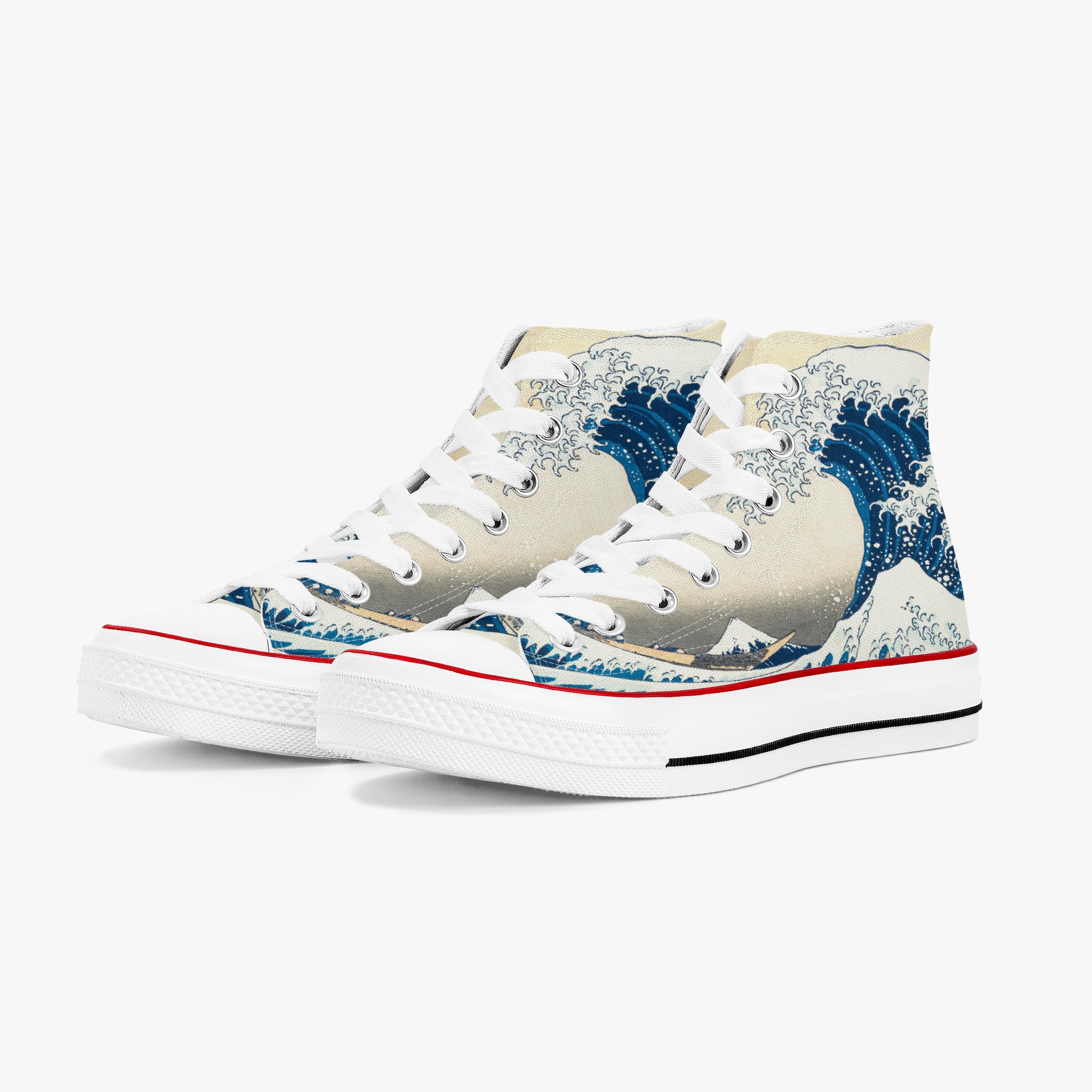 High-top sneakers with wave design on a white background
