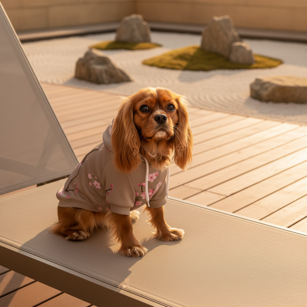 Dog wearing a floral outfit standing on a wooden deck with a minimalistic garden in the background.