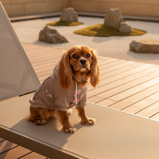 Dog wearing a floral outfit standing on a wooden deck with a minimalistic garden in the background.
