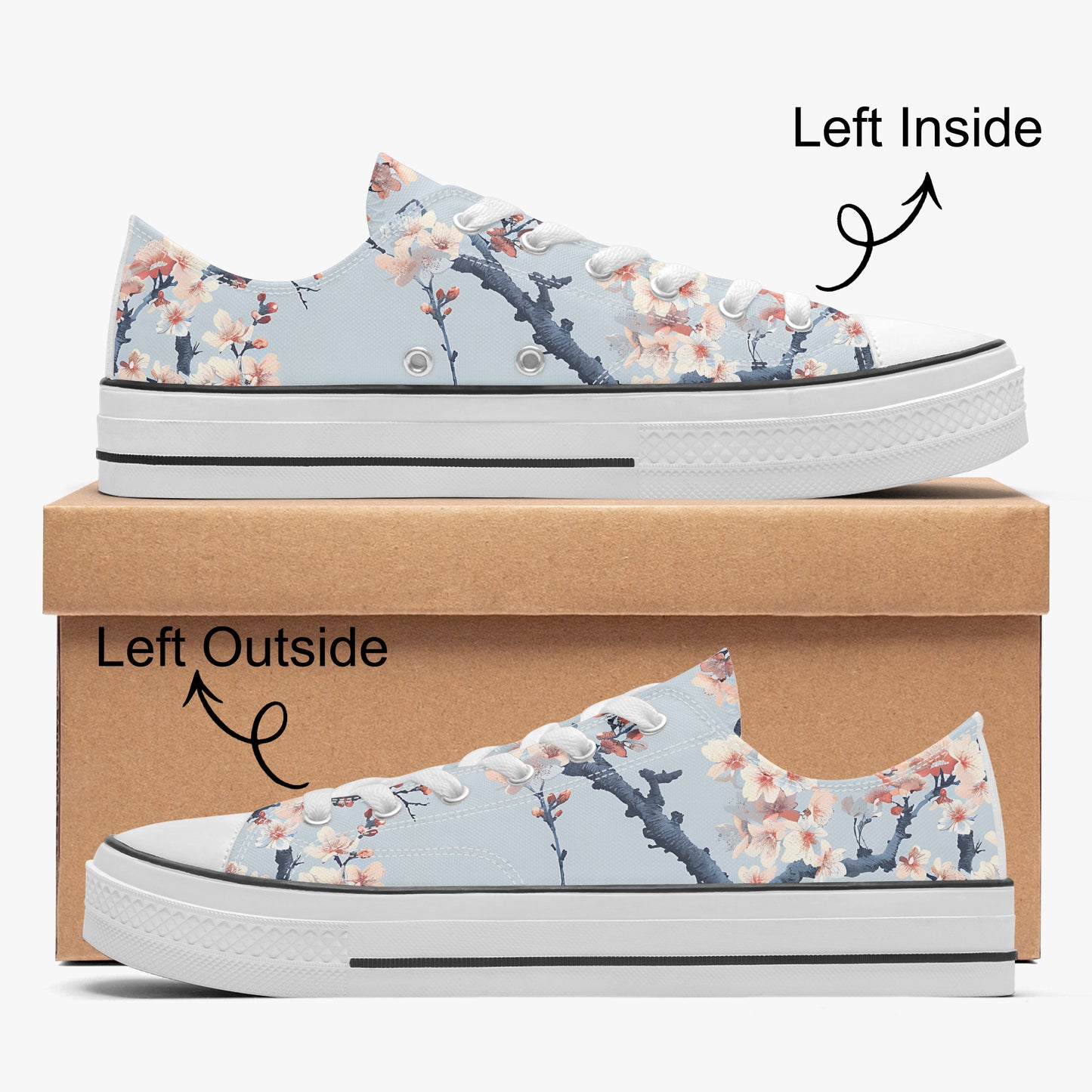 Floral-patterned sneakers with a cardboard box labeled 'Left Inside' and 'Left Outside'.