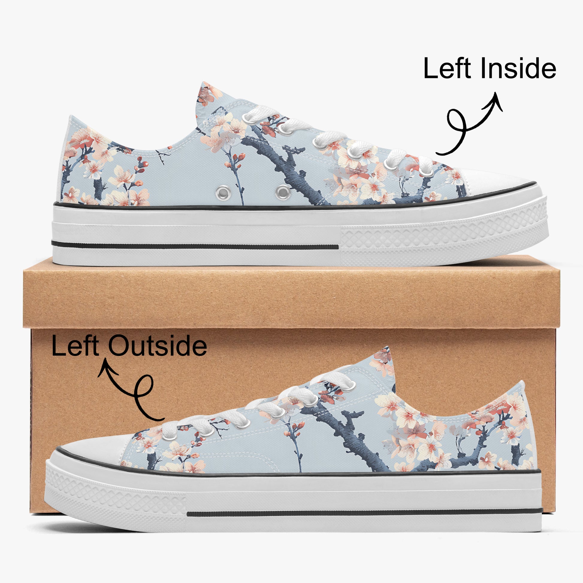 Floral-patterned sneakers with a cardboard box labeled 'Left Inside' and 'Left Outside'.