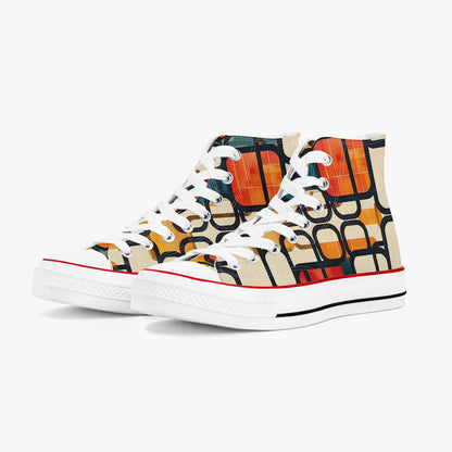 Colorful high-top sneaker with geometric pattern on a white background