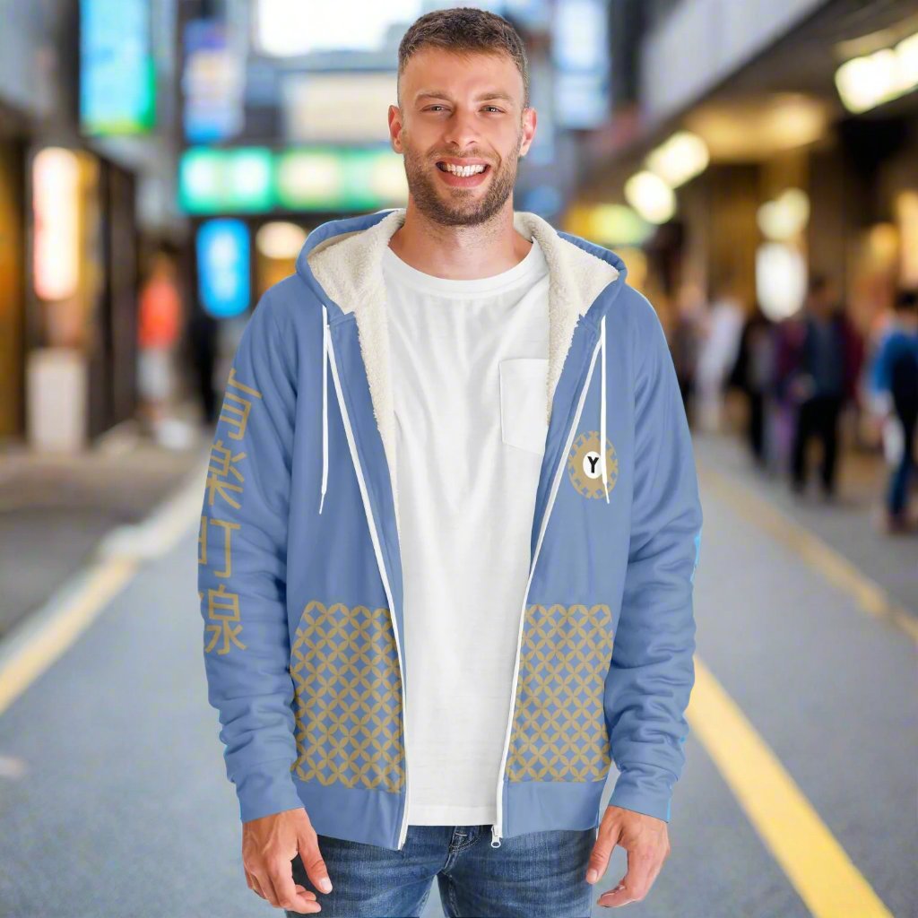 Yurakucho Line Ultra-Soft Microfleece Blue and Gold Zip Hoodie