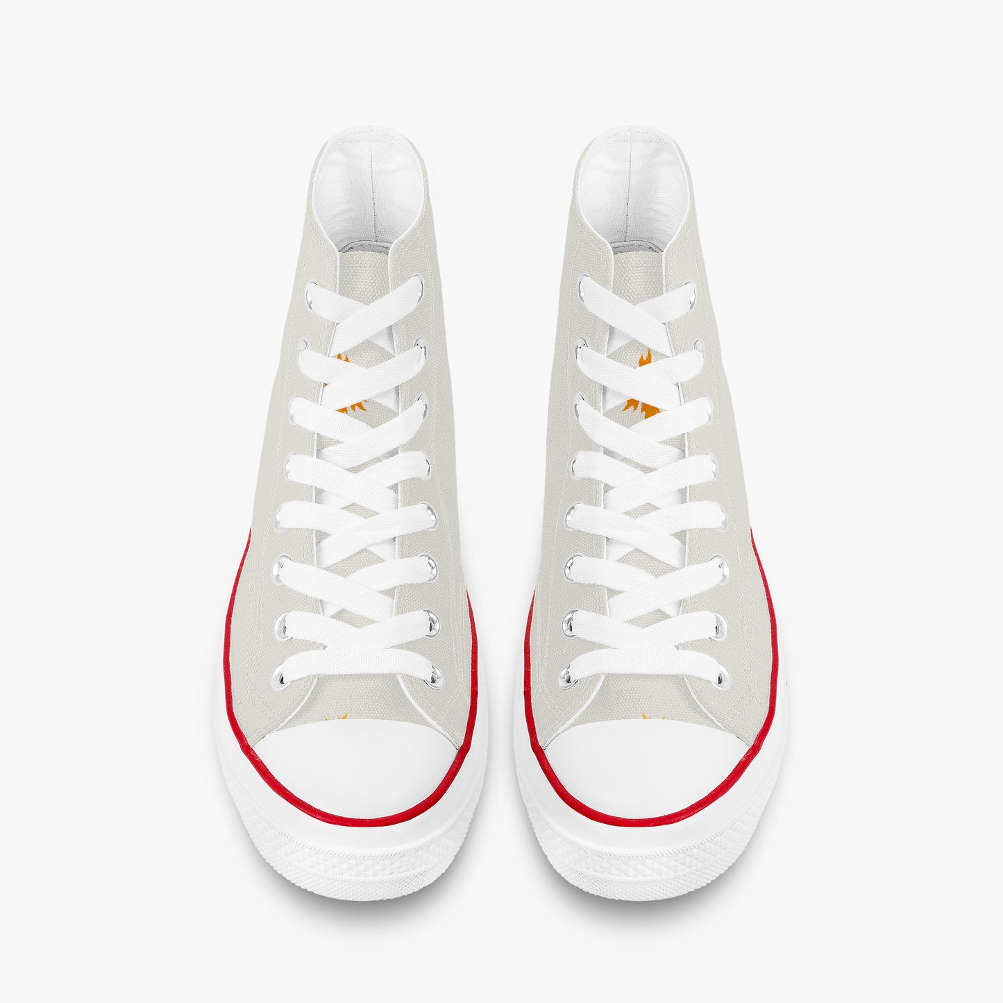 A pair of high-top canvas sneakers in light gray with white laces, white rubber toe caps and soles, and a thin red stripe around the toe area, shown from a top-down view on a light gray background.