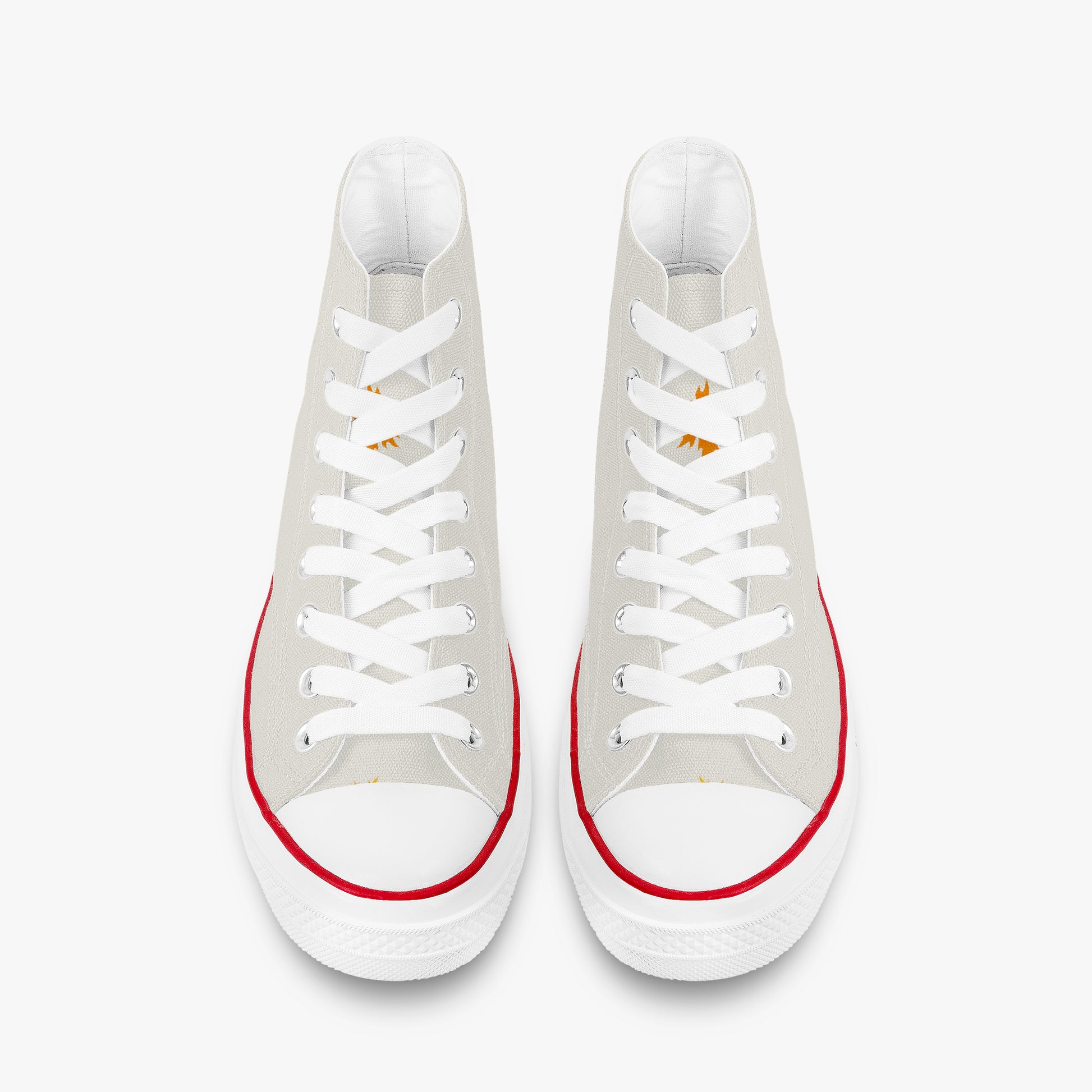 A pair of high-top canvas sneakers in light gray with white laces, white rubber toe caps and soles, and a thin red stripe around the toe area, shown from a top-down view on a light gray background.