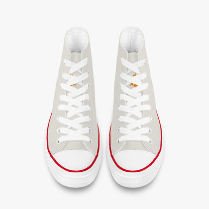 A pair of high-top canvas sneakers in light gray with white laces, white rubber toe caps and soles, and a thin red stripe around the toe area, shown from a top-down view on a light gray background.