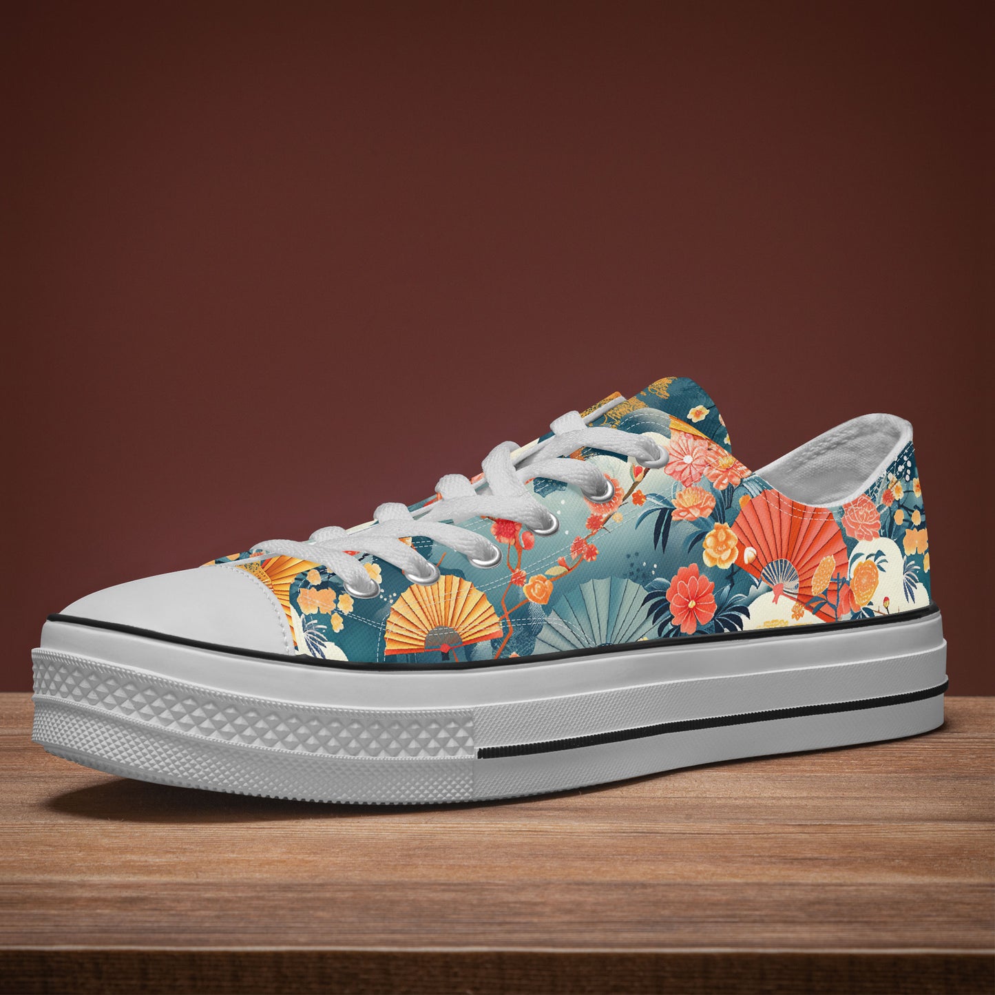 Colorful floral-patterned sneaker on a wooden surface with a brown background