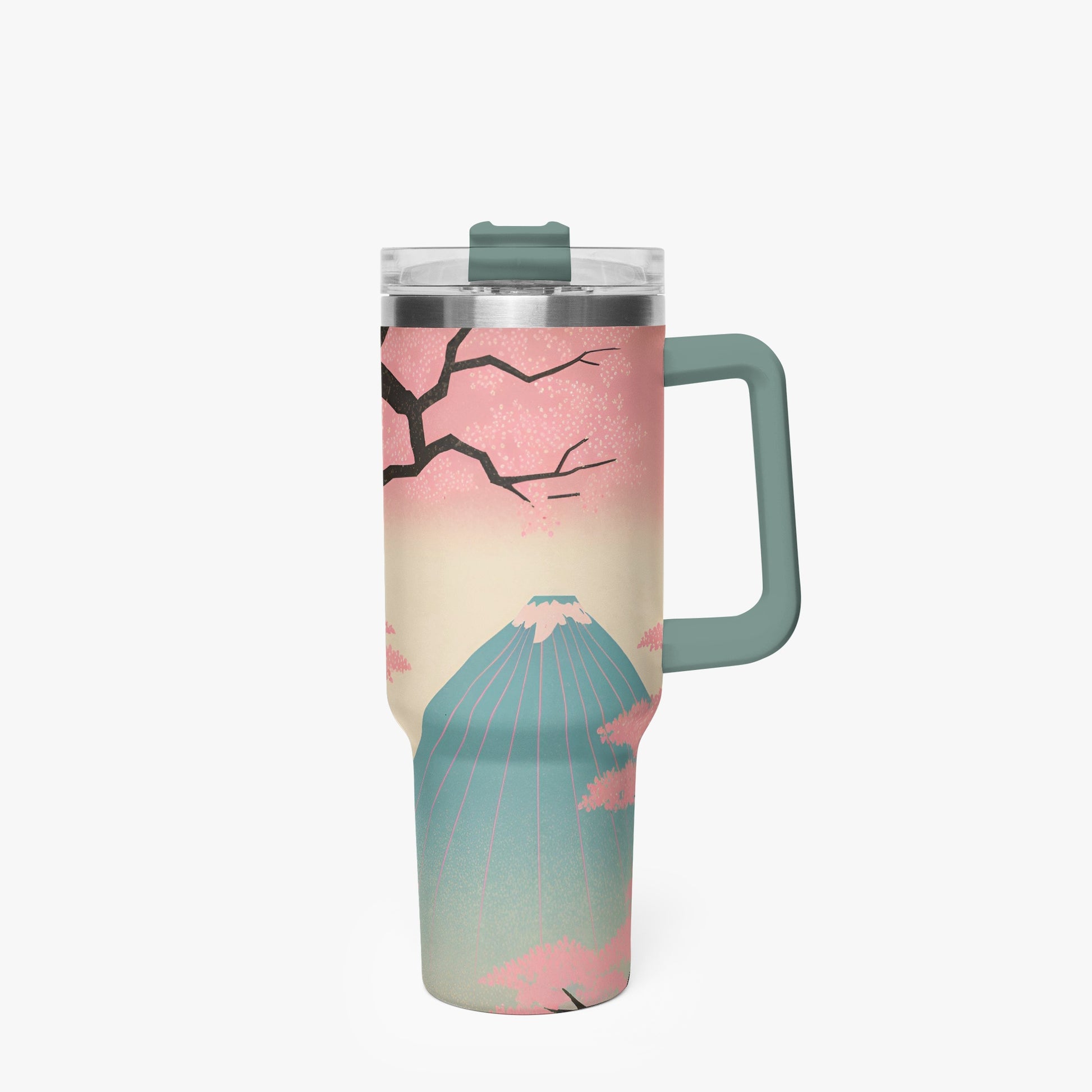 Fuji Dreams Car Tumbler Cup grey green Handle