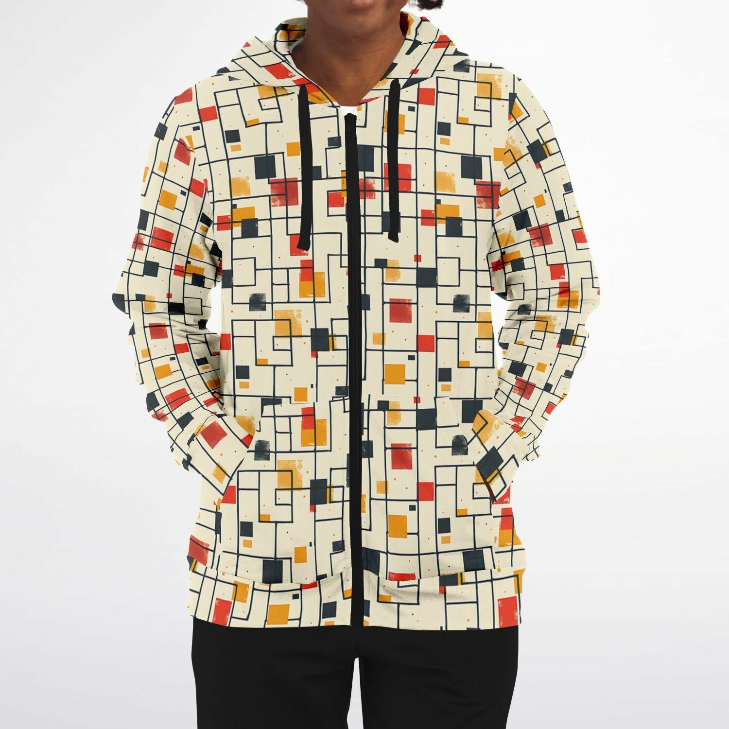 Colorful geometric patterned jacket on a white background
