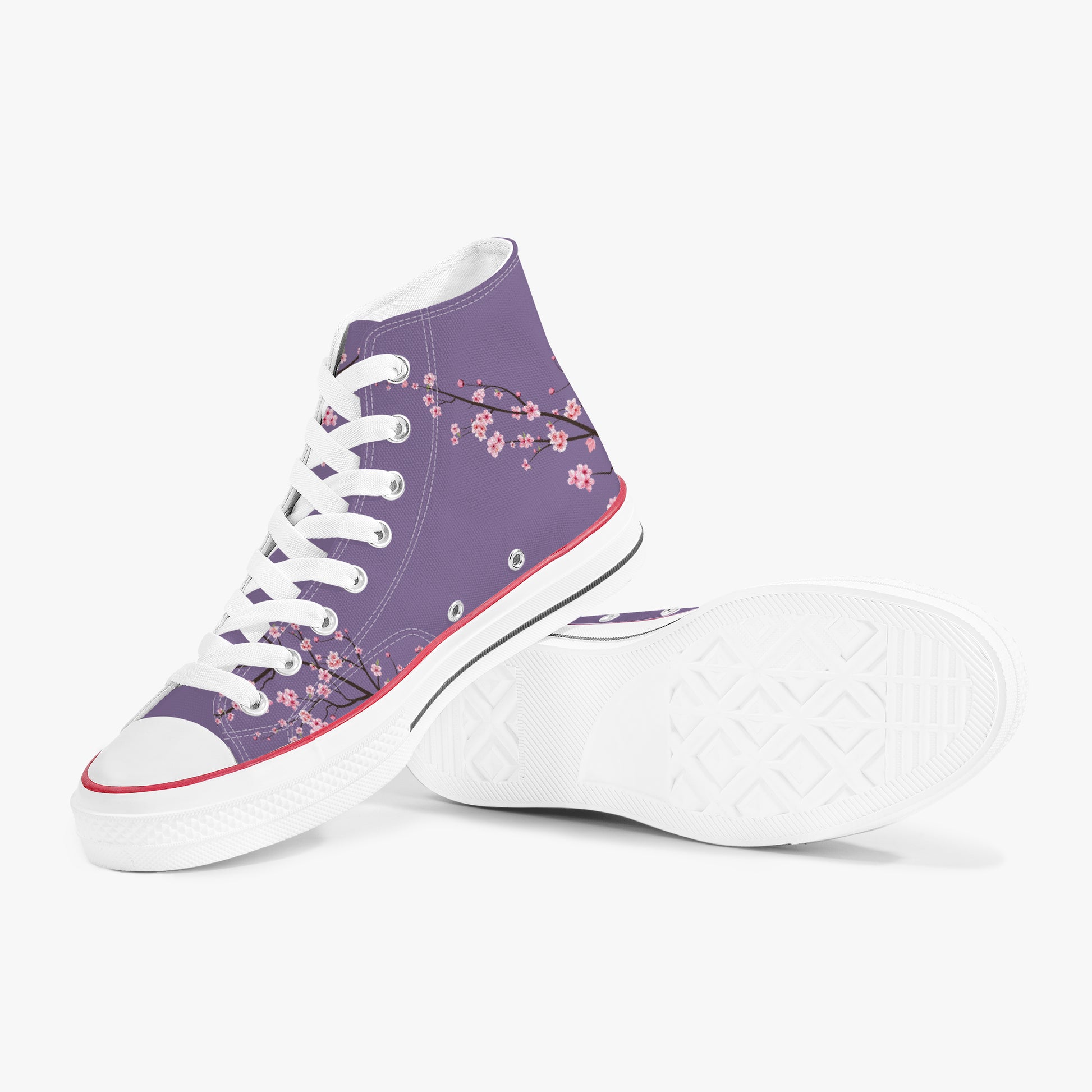 Purple high-top sneakers with floral patterns on a white background