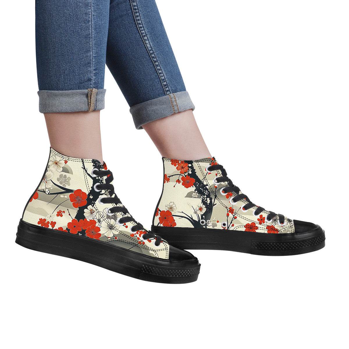 High-top sneakers with floral and oriental design on a white background