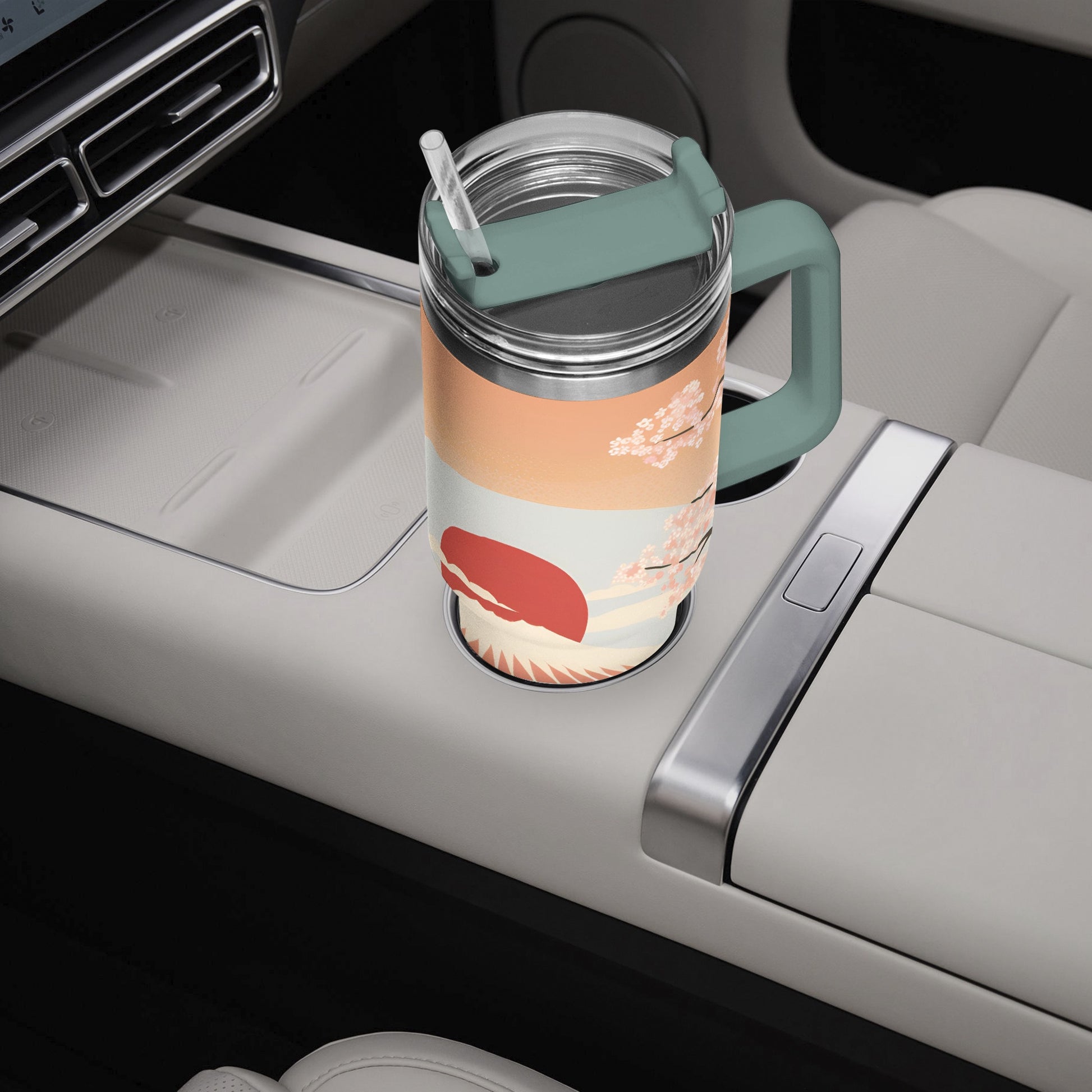 Sunrise Temple Car Tumbler Cup green/grey Handle