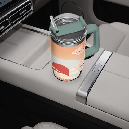 Sunrise Temple Car Tumbler Cup green/grey Handle