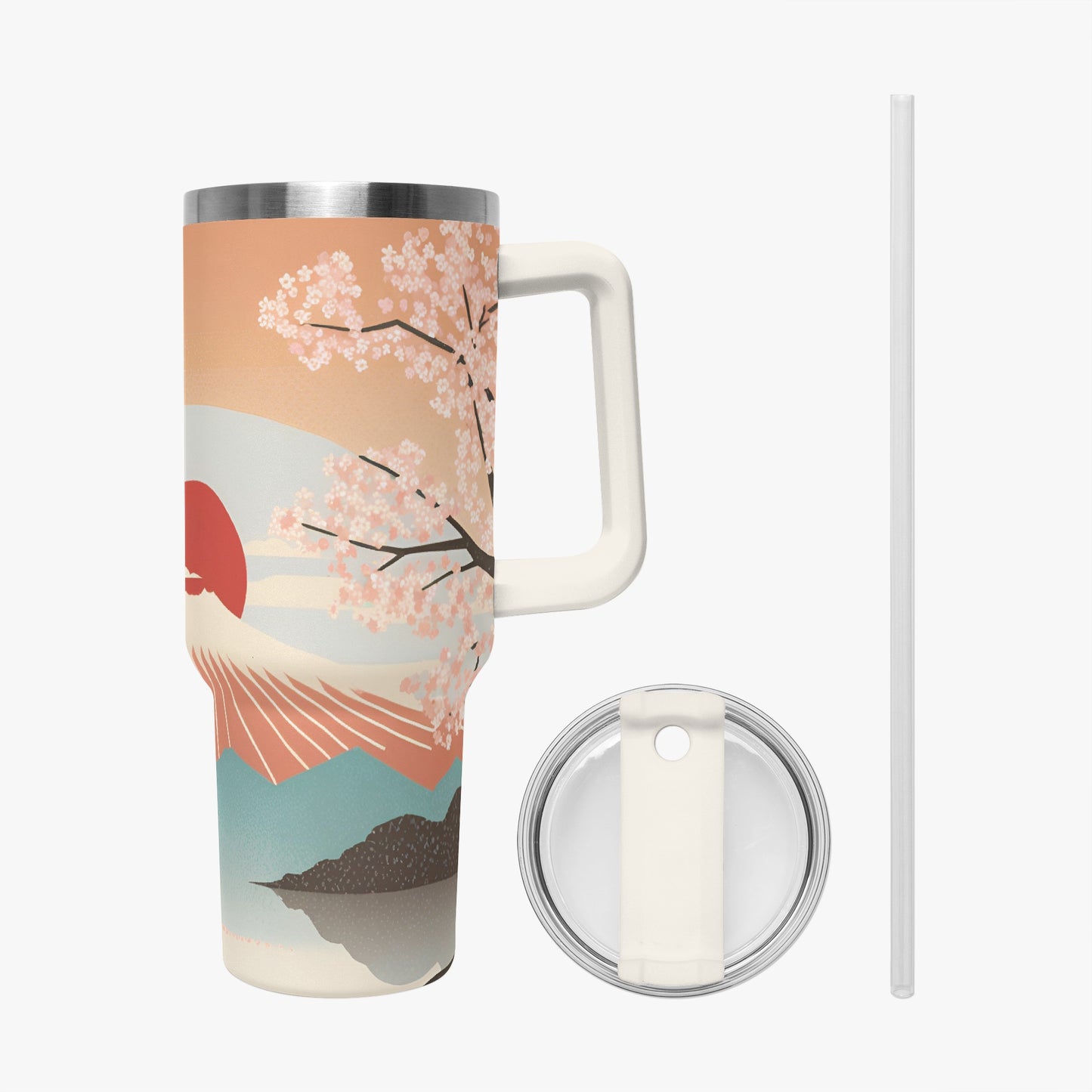 Sunrise Temple Car Tumbler Cup Cream White Handle