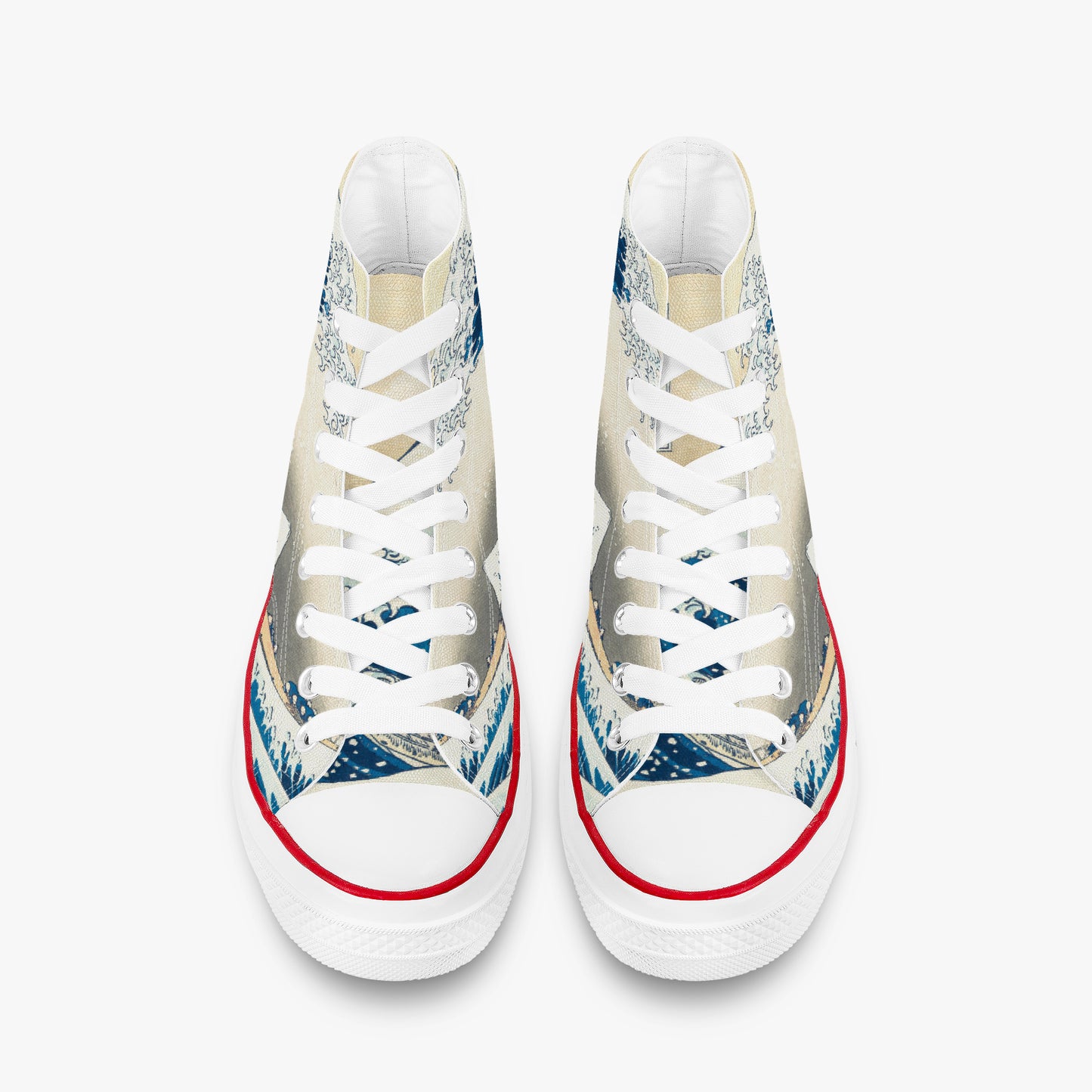 White sneakers with blue and red accents on a white background