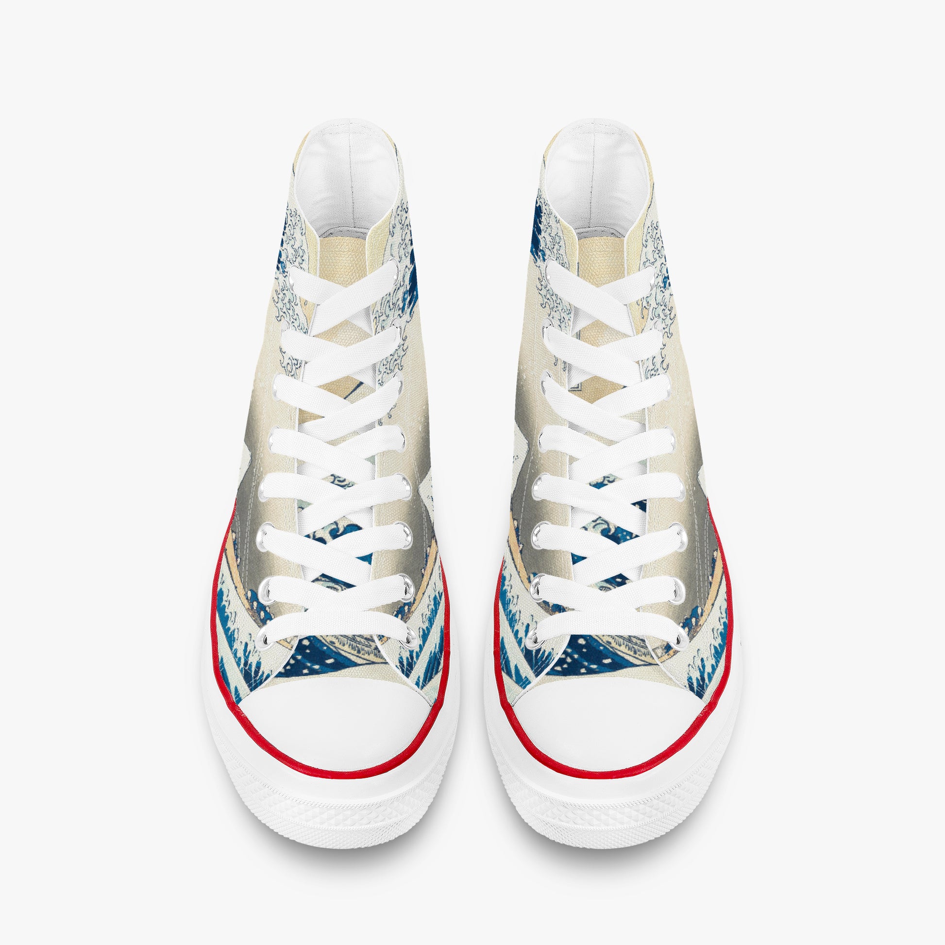 White sneakers with blue and red accents on a white background