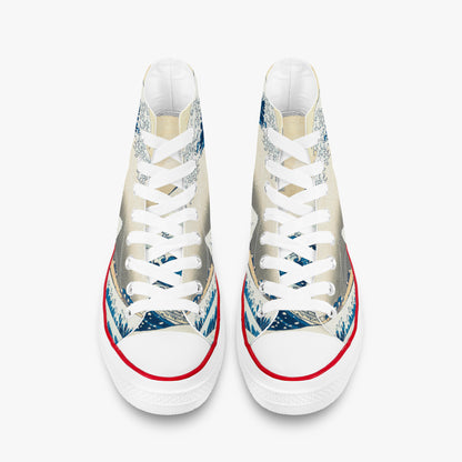 White sneakers with blue and red accents on a white background