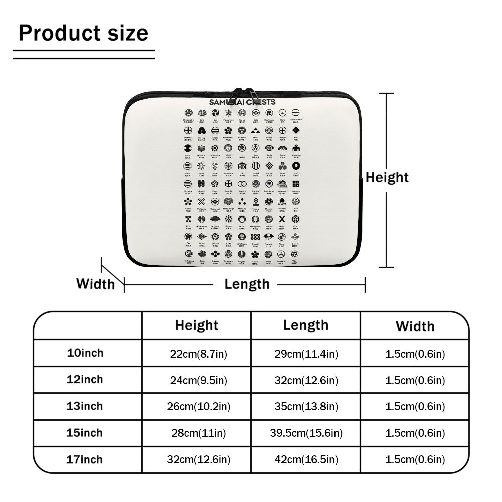 Product size chart with dimensions of a white pouch featuring black symbols, labeled 'Samurai Chests'.