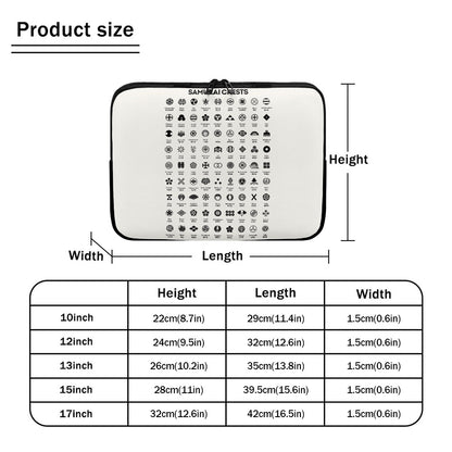 Product size chart with dimensions of a white pouch featuring black symbols, labeled 'Samurai Chests'.
