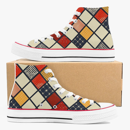 High-top sneakers with a geometric pattern on a cardboard box