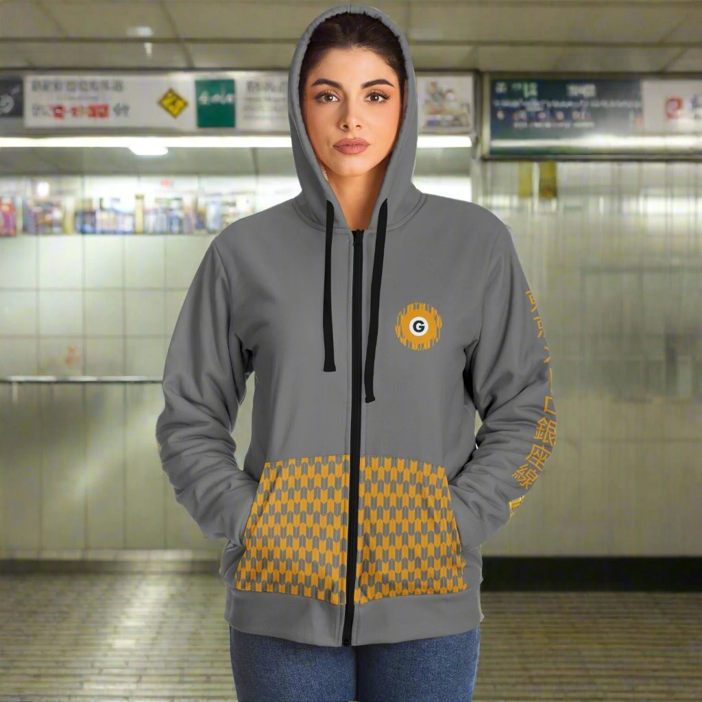 Ginza Line Grey and Orange Hoodie Microfleece Ziphoodie