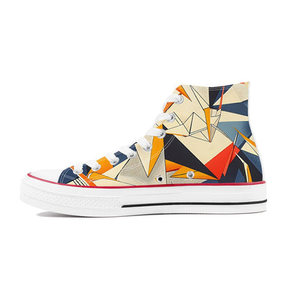 Colorful abstract geometric pattern high top canvas sneakers with Japanese origami style.