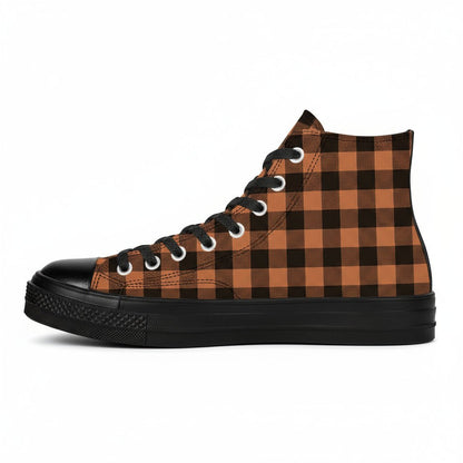 Black and brown checkered pattern canvas high top sneakers with Japanese Wagara design.