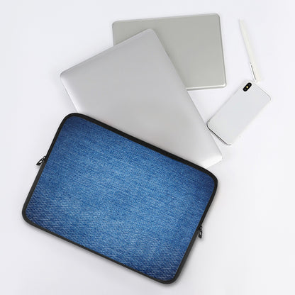 Blue laptop sleeve with a laptop, phone, and tablet on a white background