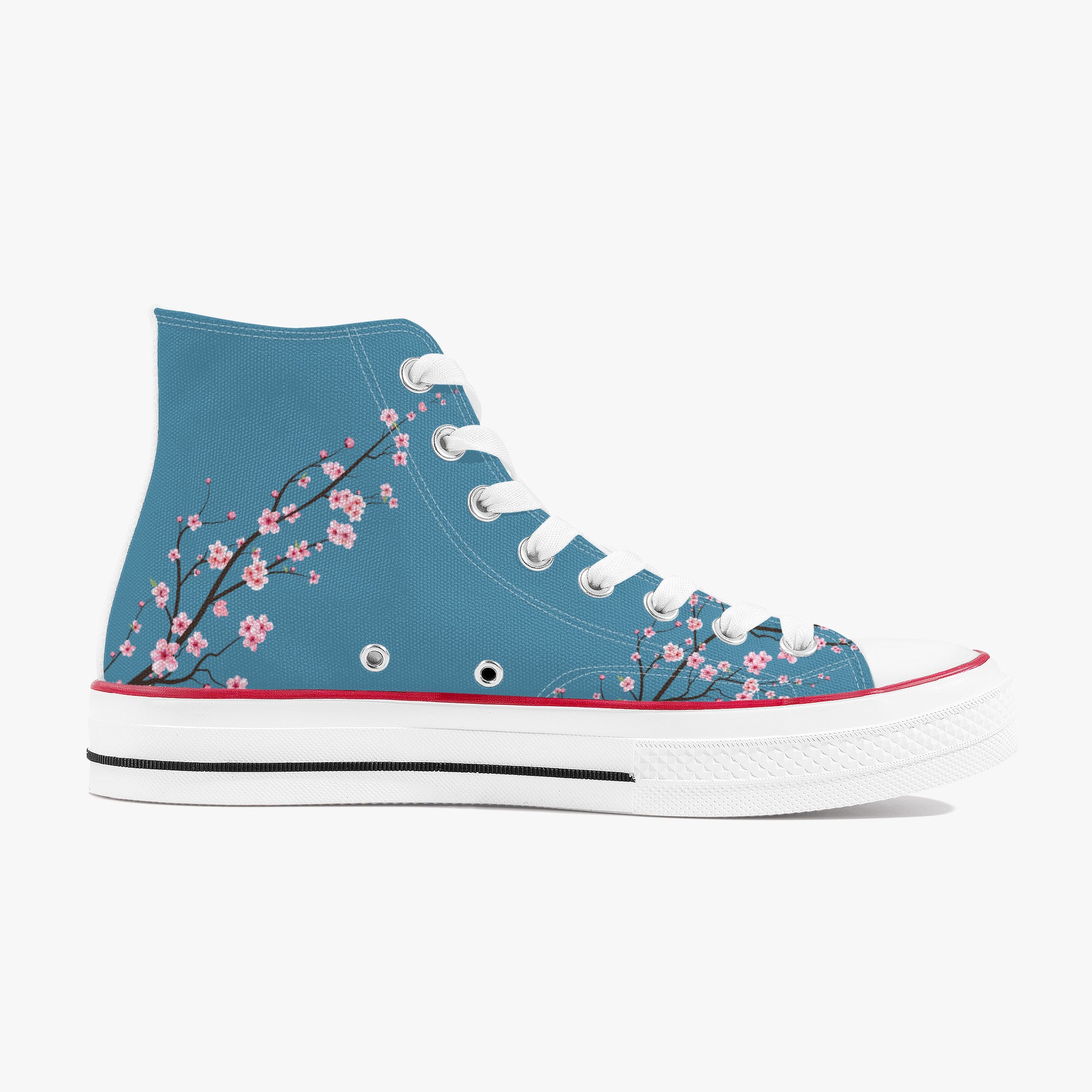 Blue high-top sneaker with floral design on a white background
