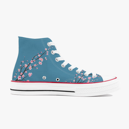 Blue high-top sneaker with floral design on a white background