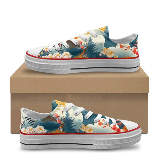 Colorful sneakers with floral and nature design on a beige box
