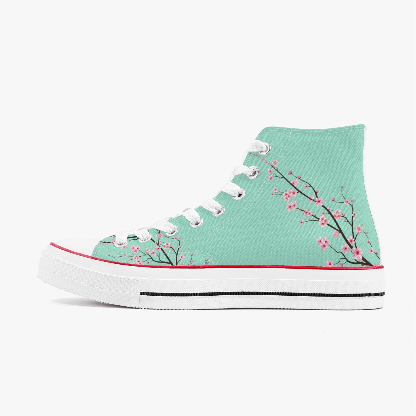 Teal high-top sneaker with cherry blossom design on a white background