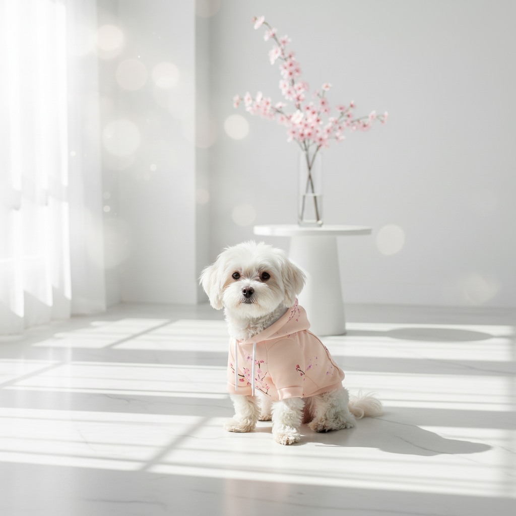 Small dog wearing a pink outfit sitting on a white floor with a vase of flowers in the background.