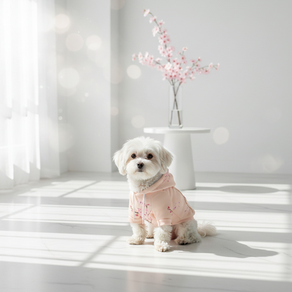 Small dog wearing a pink outfit sitting on a white floor with a vase of flowers in the background.
