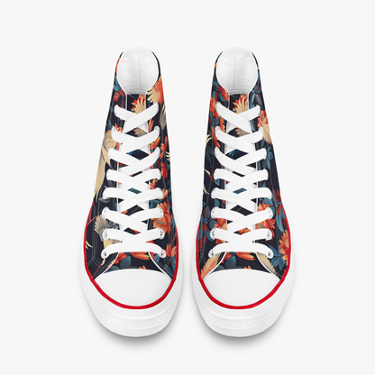 Pair of floral-patterned sneakers with white laces on a white background