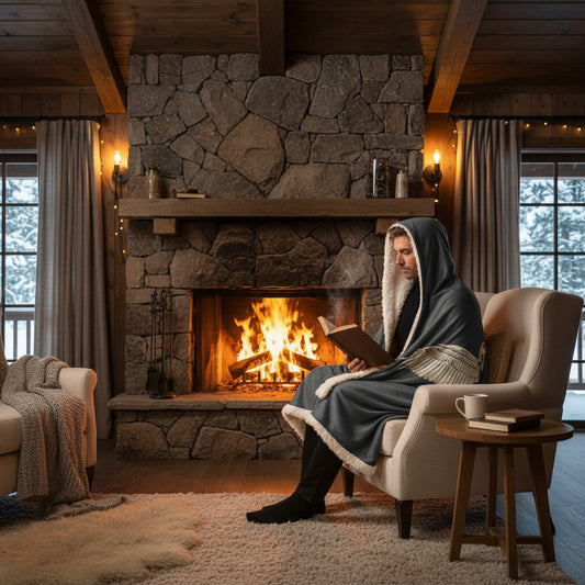 Person wearing a gray hooded poncho with a white interior on a white background