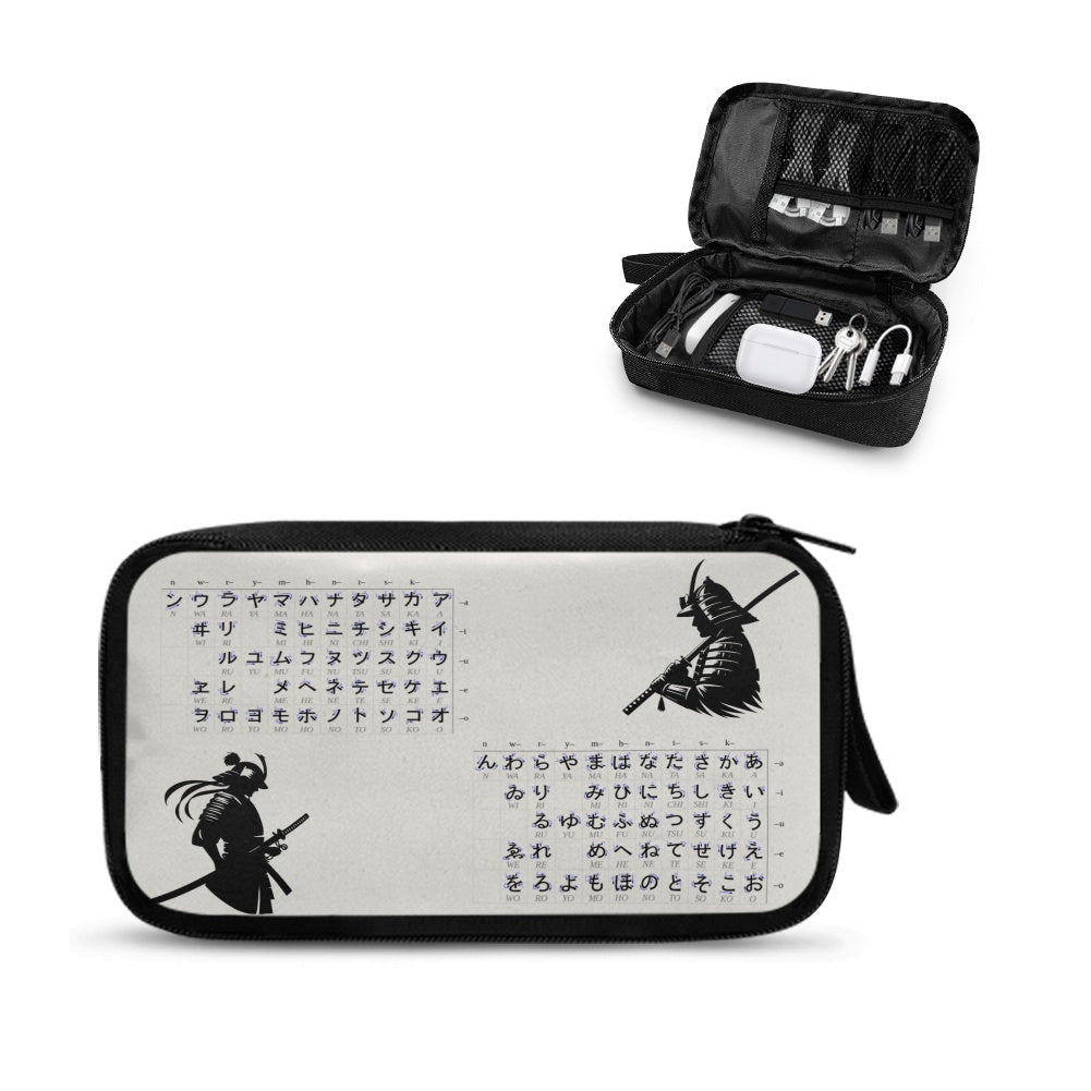 A high-quality white tech organizer pouch featuring a black silhouette of a Samurai and traditional Japanese Kana script, designed for professional electronics storage.