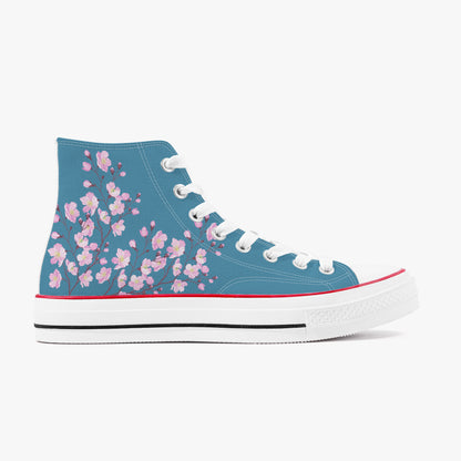Blue high-top sneaker with pink floral pattern on a white background